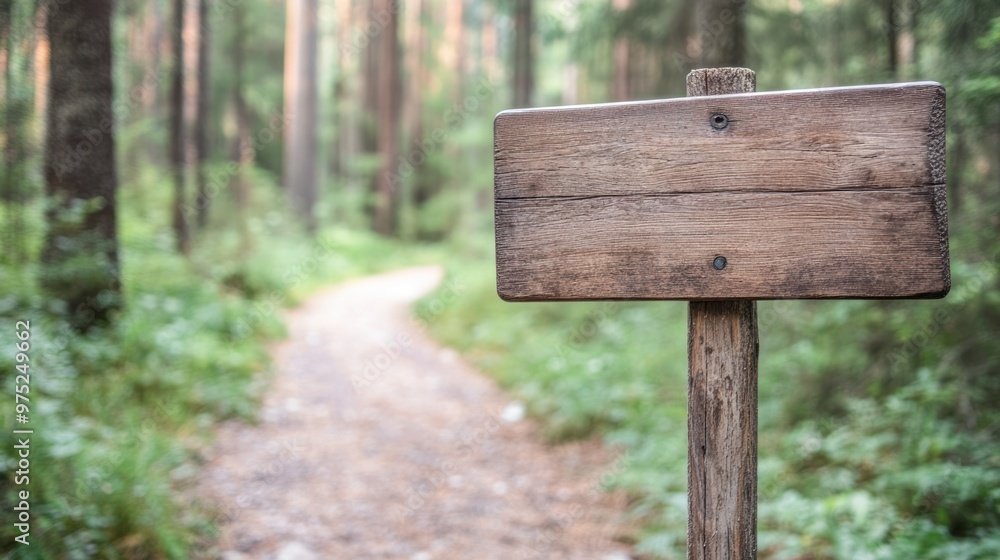 A wooden signpost stands alongside a winding forest path, inviting exploration. A wooden signpost stands alongside a winding forest path, inviting exploration.