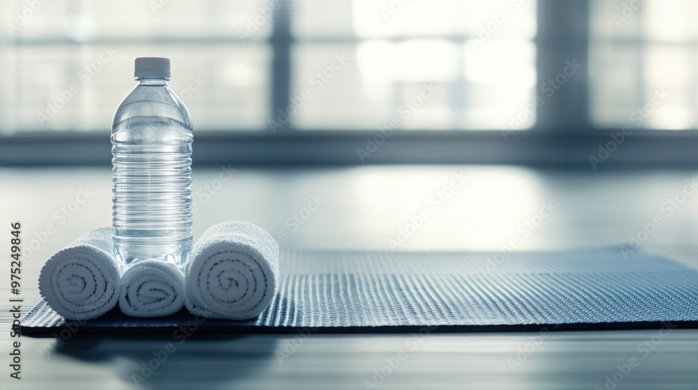 A water bottle and rolled towels on a yoga mat, suggesting a fitness or wellness setting. A water bottle and rolled towels on a yoga mat, suggesting a fitness or wellness setting.