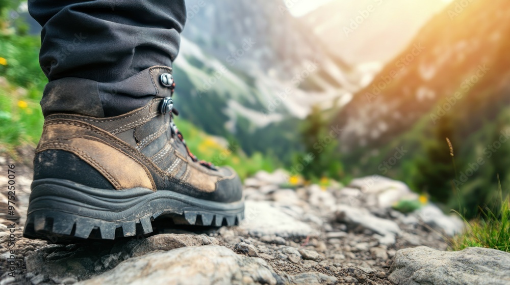 A close-up of a hiking boot on a rocky trail in a mountainous landscape. A close-up of a hiking boot on a rocky trail in a mountainous landscape.