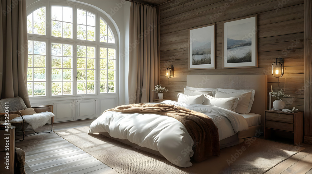 A cozy bedroom with a large window, a bed with white linens and a brown blanket, a wooden floor, and a wooden wall. A cozy bedroom with a large window, a bed with white linens and a brown blanket, a wooden floor, and a wooden wall.