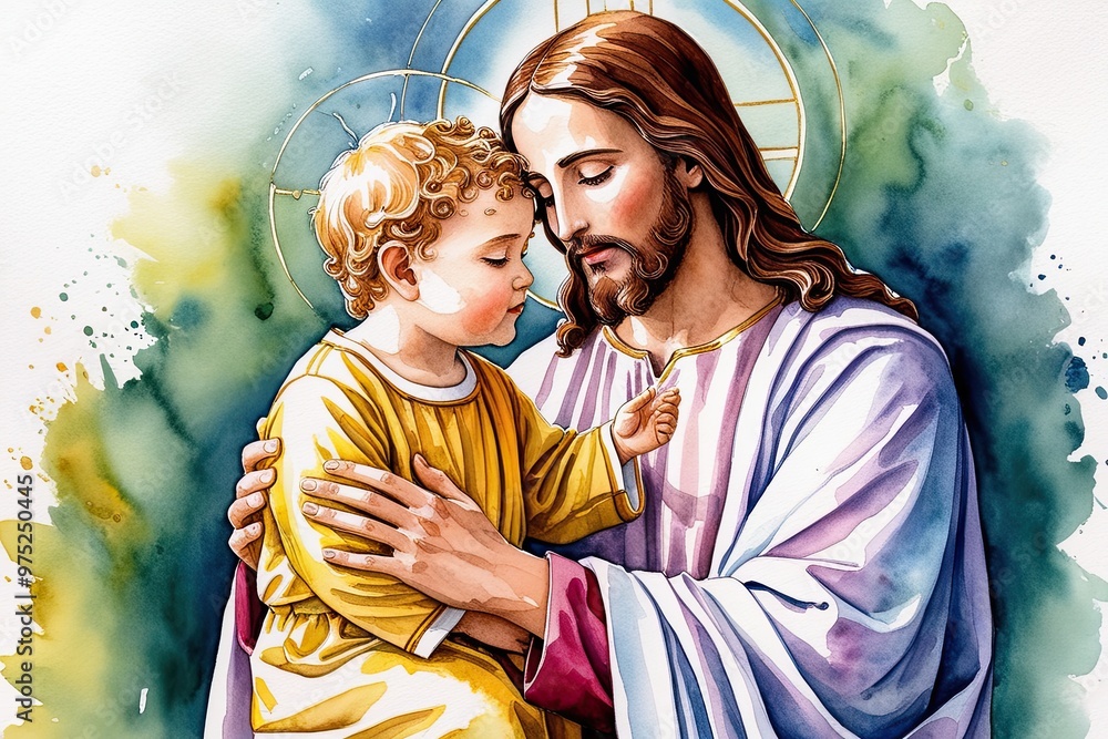 Fototapeta premium Serene Watercolor Sketch of Jesus Christ and a Child Embracing Divine Love and Faith Traditions