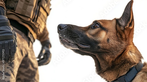 A working dog attentively listens to its handler, showcasing the bond between trainer and canine partner in a tactical setting.