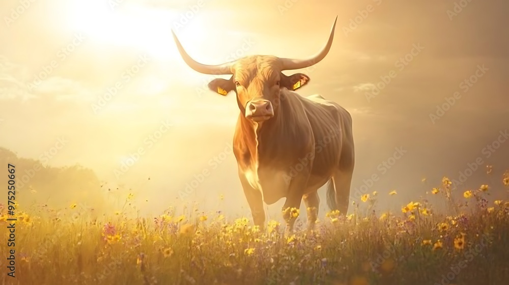 A serene cow standing in a flower-filled meadow at sunset. A serene cow standing in a flower-filled meadow at sunset.