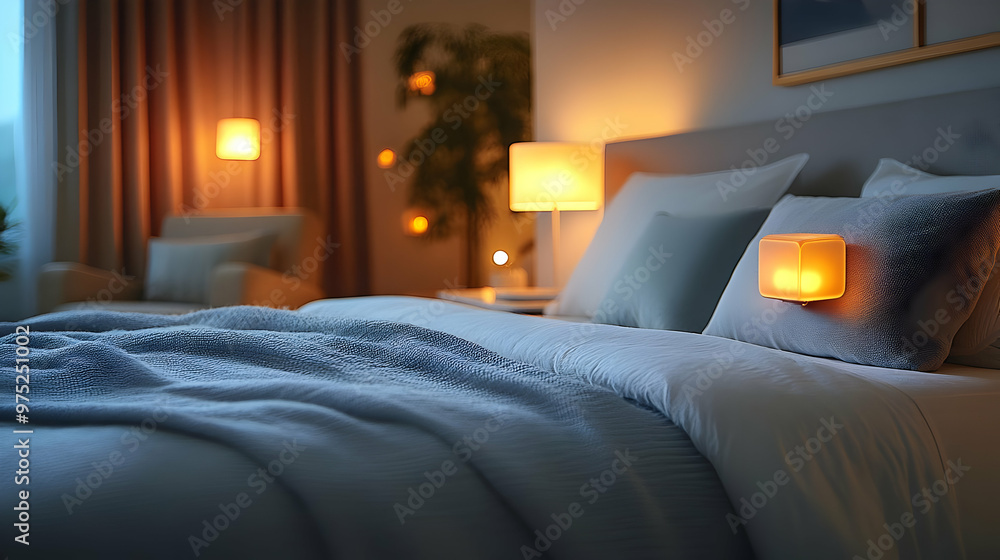 A cozy bedroom with a warm glow from bedside lamps and a soft, fluffy blanket. A cozy bedroom with a warm glow from bedside lamps and a soft, fluffy blanket.
