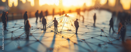 image depicts network of connections symbolized by silhouettes of people, representing relationships and interactions in vibrant urban environment. warm glow of sunset enhances emotional depth of sce photo