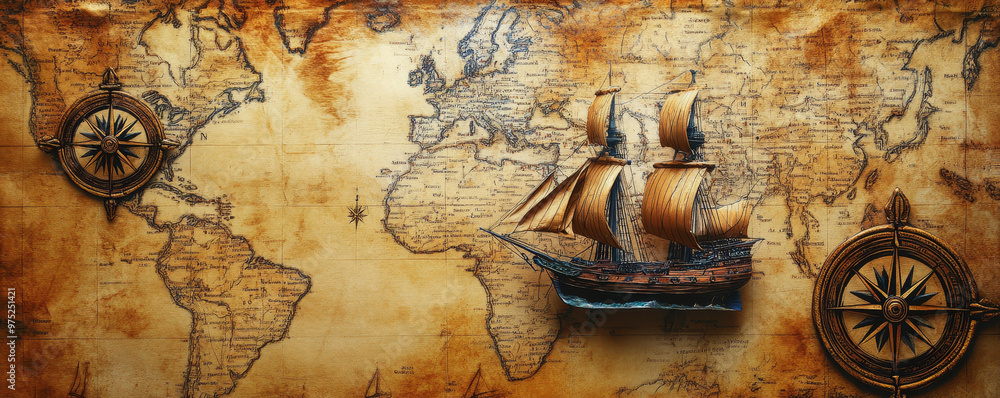 Fototapeta premium A vintage map featuring compass roses and an old ship evokes sense of adventure and exploration. intricate details of map and ship transport viewers to time of discovery
