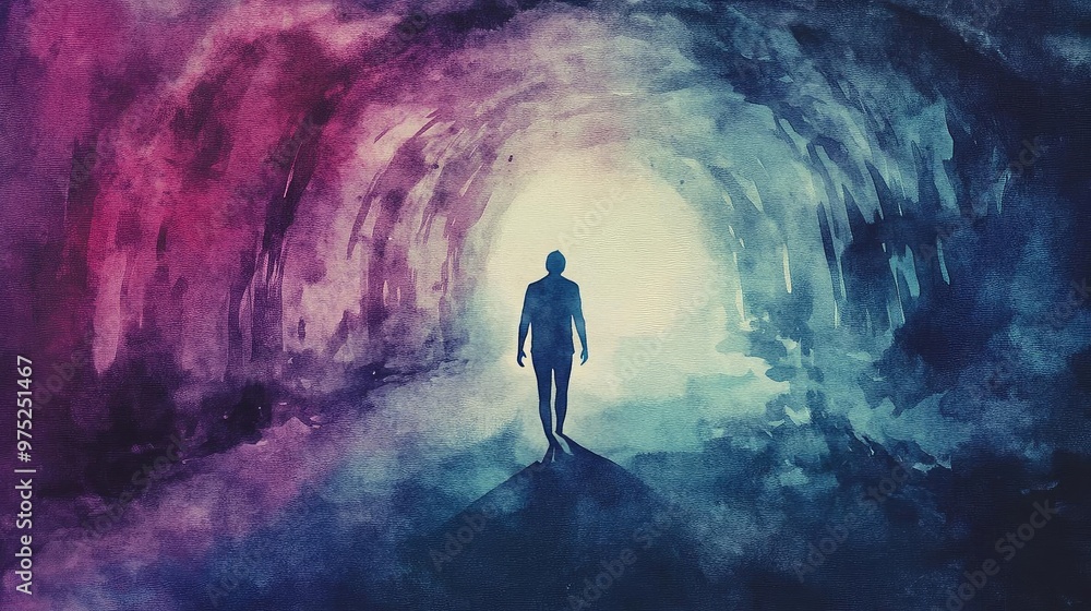 Obraz premium A mysterious figure walks toward a bright light at the end of a colorful tunnel, symbolizing exploration and transition.