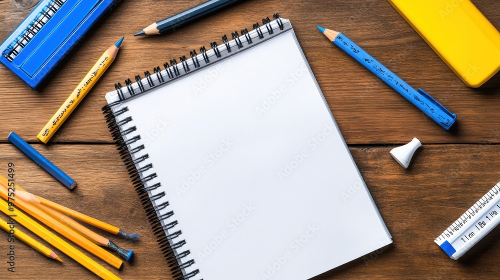 A blank notebook surrounded by stationery on a wooden table, ready for creative work. A blank notebook surrounded by stationery on a wooden table, ready for creative work.