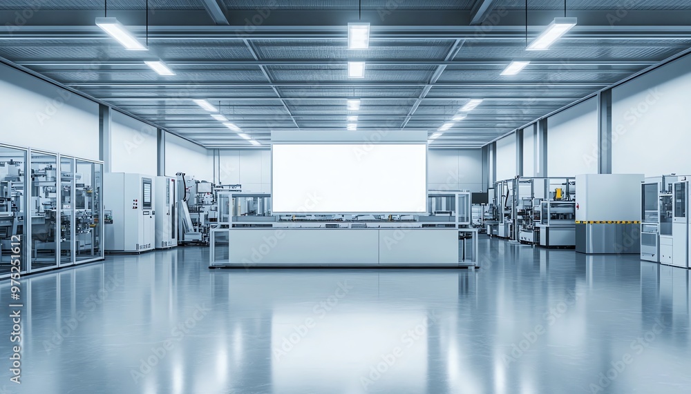 A blank white billboard mounted on a white wall in a factory setting A blank white billboard mounted on a white wall in a factory setting