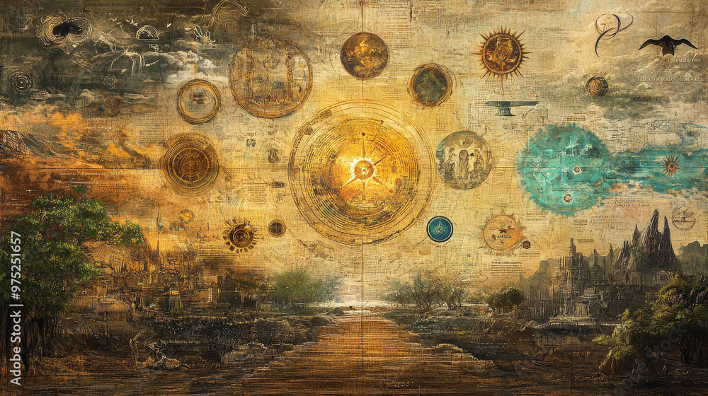 Naklejka premium A detailed map overlaid with symbols representing major locations and celestial elements, showcasing blend of nature and ancient architecture. artwork evokes sense of exploration and wonder