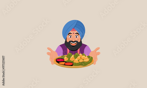 Smiling man in a turban presenting a platter of traditional Indian food.