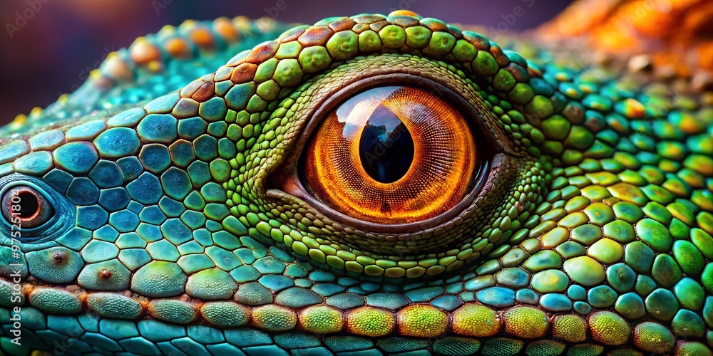 Obraz premium A close-up shot of a lizard's eye reveals a kaleidoscope of vibrant colors and intricate patterns, set against