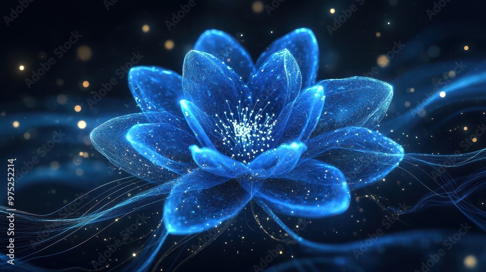 A blue flower surrounded by glowing, flowing lines on a dark background, evoking the sense of futuristic data flow and technological networks A blue flower surrounded by glowing, flowing lines on a dark background, evoking the sense of futuristic data flow and technological networks