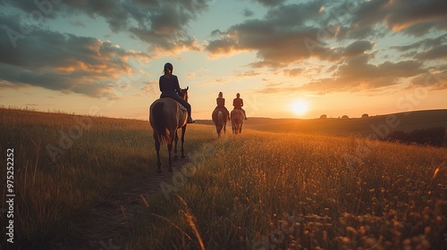 family riding horses together on a country trail, expansive fields, sunset hues