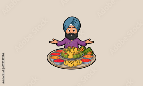 Smiling man in a turban presenting a platter of traditional Indian food.