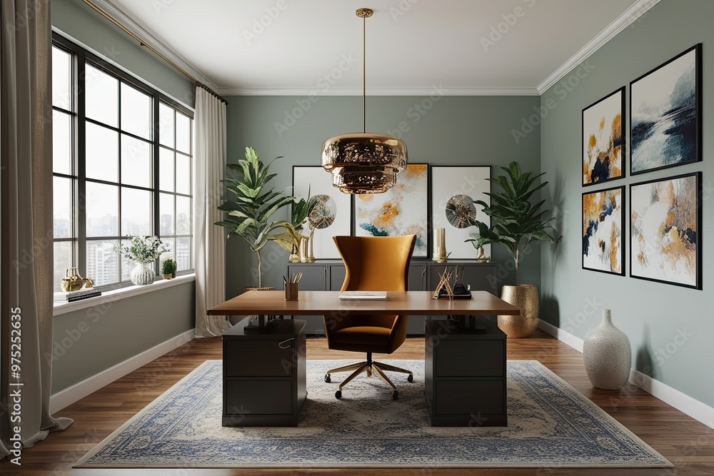 Fototapeta premium Cozy Modern Home Office Mock Up with Artistic Interior and Chic Design