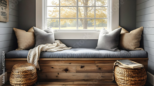 A cozy window seat with pillows, blankets, and baskets, perfect for reading or relaxing.