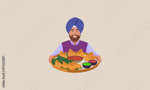 Smiling man in a turban presenting a platter of traditional Indian food.