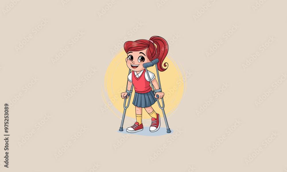 Happy girl on crutches smiling in school uniform. Happy girl on crutches smiling in school uniform.