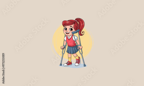 Happy girl on crutches smiling in school uniform.