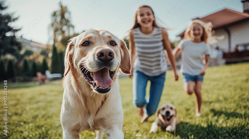 joyful family playing with their pet dog in a spacious backyard, running around and laughing with bright smiles joyful family playing with their pet dog in a spacious backyard, running around and laughing with bright smiles