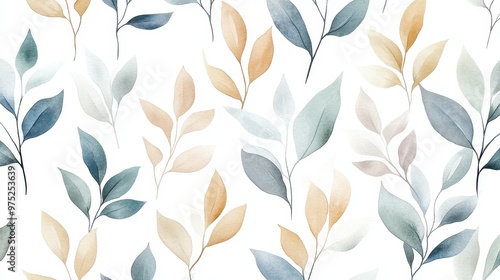 A continuous watercolor pattern of delicate leaves in green, blue, light brown, and gray, flowing seamlessly on a white background