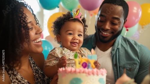 Family members gathered for a new baby's first birthday, mixed ethnicities, colorful balloons, cake smash, happiness and laughter