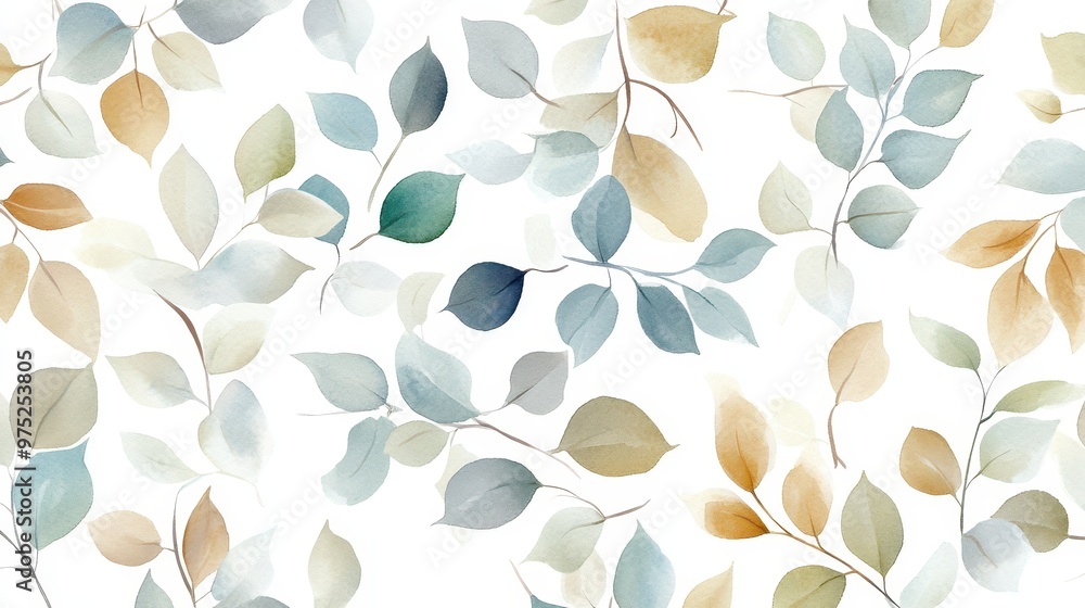 Fototapeta premium A continuous watercolor pattern of delicate leaves in green, blue, light brown, and gray, flowing seamlessly on a white background