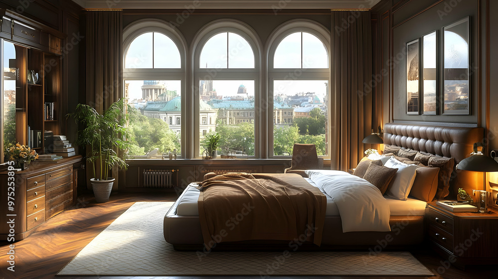 A luxurious bedroom with a king-size bed, a large rug, and a view of a city skyline through arched windows. A luxurious bedroom with a king-size bed, a large rug, and a view of a city skyline through arched windows.