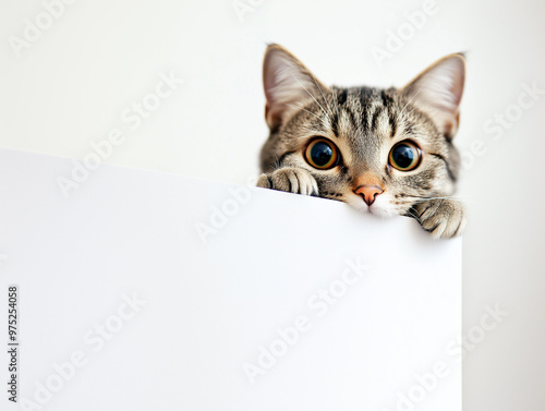 Cute cat hiding behind a whiteboard and looking up