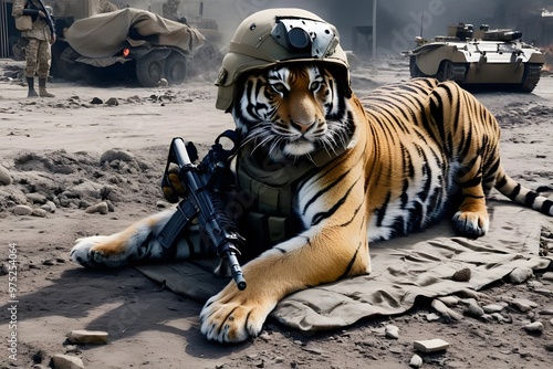 Wallpaper Mural Tiger and gun in world war 3 wearing protection armor. survival for fittest. Generative AI Torontodigital.ca