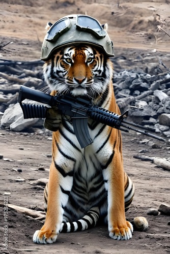 Wallpaper Mural Tiger and gun in world war 3 wearing protection armor. survival for fittest. Generative AI Torontodigital.ca