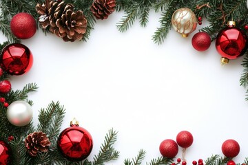 Festive Christmas border with red ornaments and pine cones on a clean white background perfect for holiday decorations and greetings