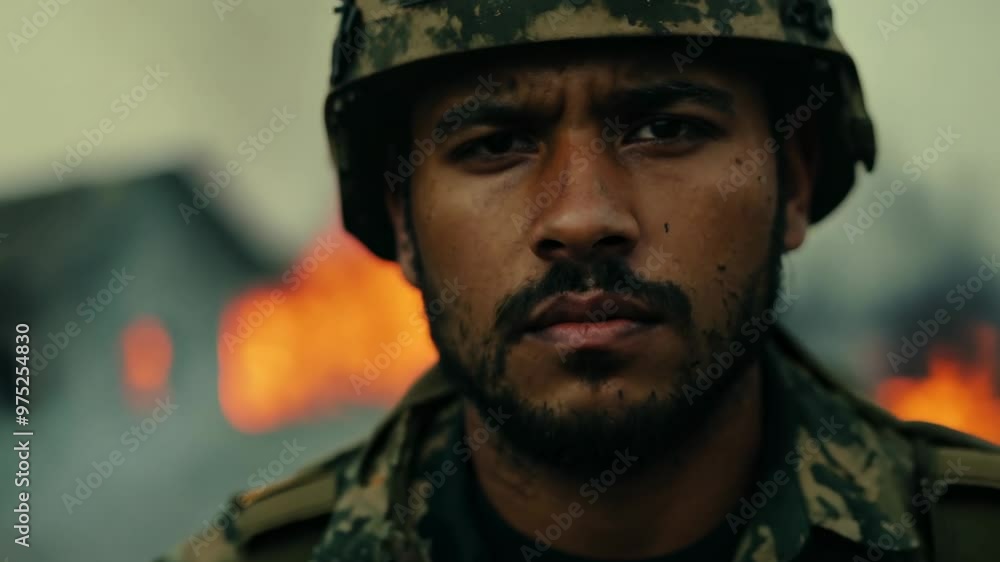 Close-up face of a tired soldier on the background of ruined burning town. Grim determination masks the soldier's fatigue as they survey the devastation around them, resolve hardening in their gaze. Close-up face of a tired soldier on the background of ruined burning town. Grim determination masks the soldier's fatigue as they survey the devastation around them, resolve hardening in their gaze.