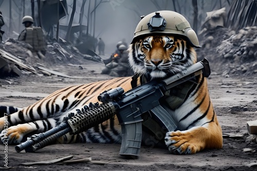 Wallpaper Mural Tiger and gun in world war 3 wearing protection armor. survival for fittest. Generative AI Torontodigital.ca