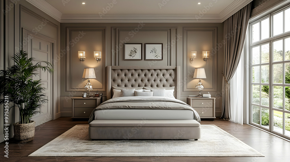 A luxurious bedroom with a large bed, two nightstands, and a large window overlooking a garden. A luxurious bedroom with a large bed, two nightstands, and a large window overlooking a garden.