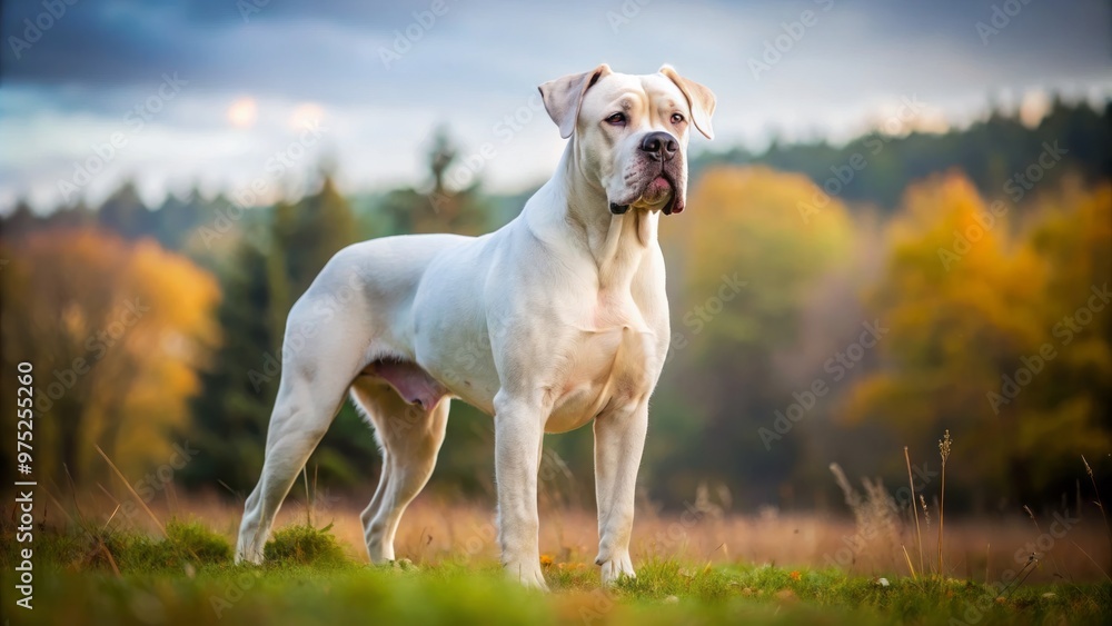A majestic white Cane Corso dog stands tall in an open field, surrounded by towering trees that stretch A majestic white Cane Corso dog stands tall in an open field, surrounded by towering trees that stretch