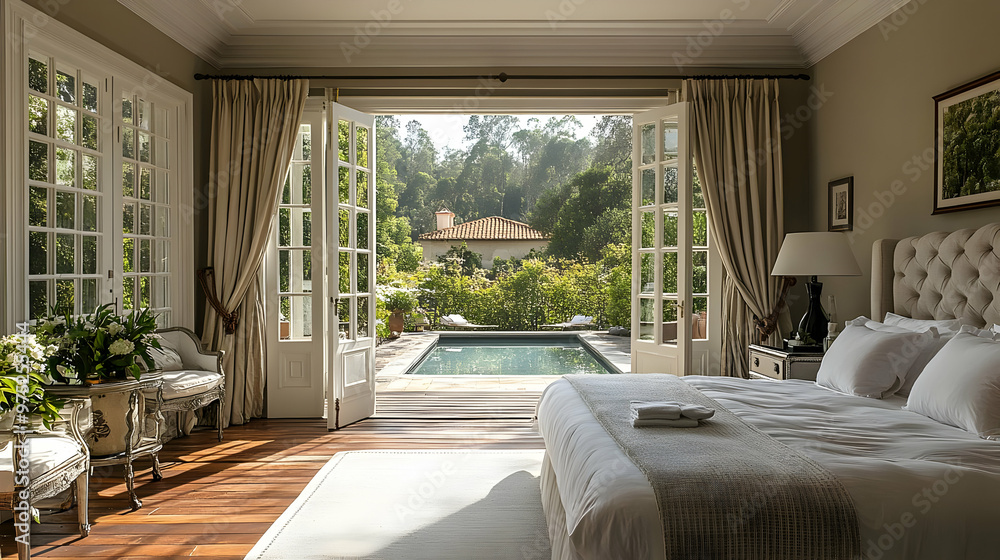 A luxurious bedroom with a large bed, white linens, and a view of a swimming pool and lush garden through French doors. A luxurious bedroom with a large bed, white linens, and a view of a swimming pool and lush garden through French doors.
