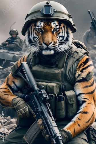 Wallpaper Mural Tiger and gun in world war 3 wearing protection armor. survival for fittest. Generative AI Torontodigital.ca