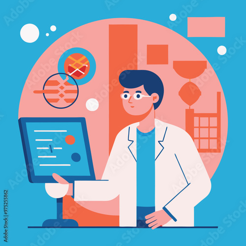 Cartoon scientist in lab coat working on computer. Stylized background with geometric shapes, molecular structures, and scientific symbols. Modern research illustration.