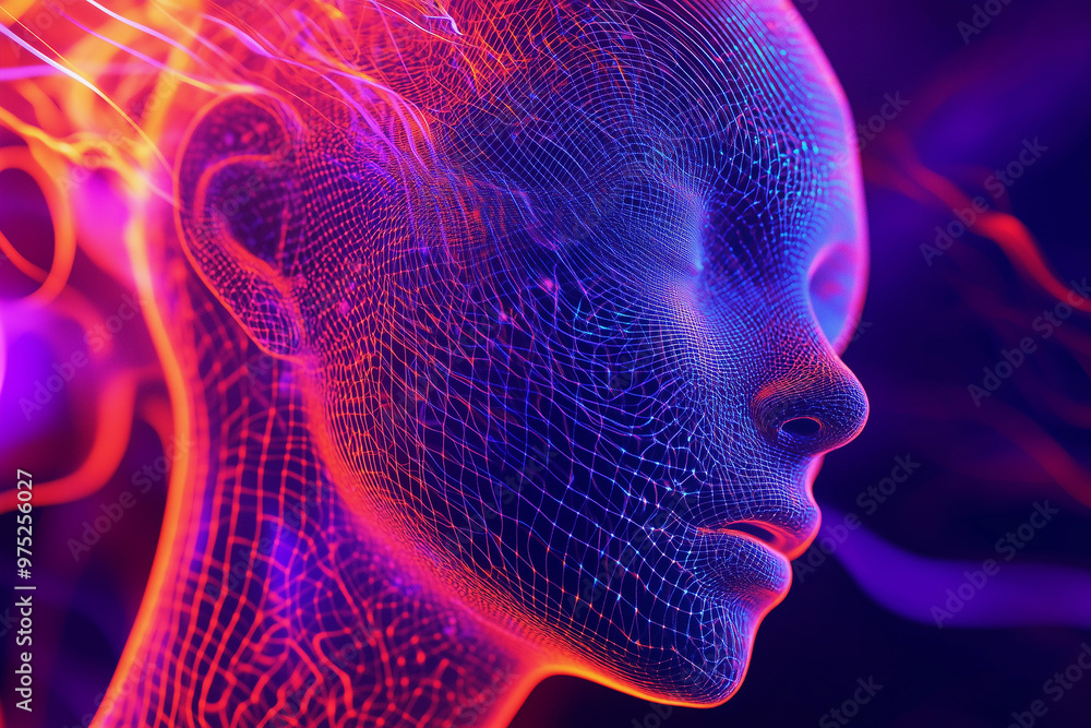 Futuristic ai human face mesh representing technological singularity, artificial intelligence, and the merging of human and machine consciousness. Futuristic ai human face mesh representing technological singularity, artificial intelligence, and the merging of human and machine consciousness.