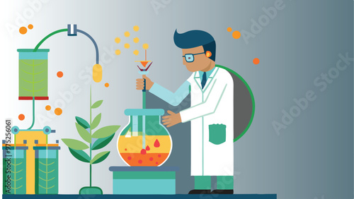 Cartoon scientist in lab coat conducts experiment, mixing chemicals in round flask. Laboratory equipment and plant visible. Colorful, stylized illustration.