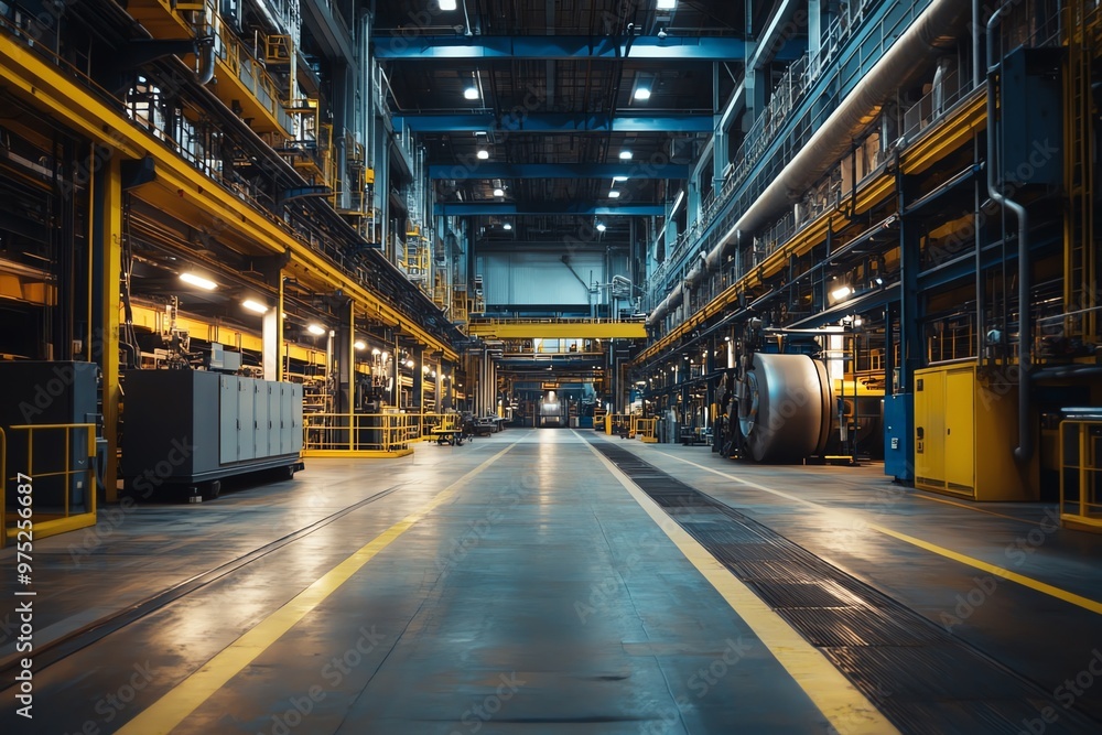 Industrial Factory Interior with Yellow and Blue Structural Elements