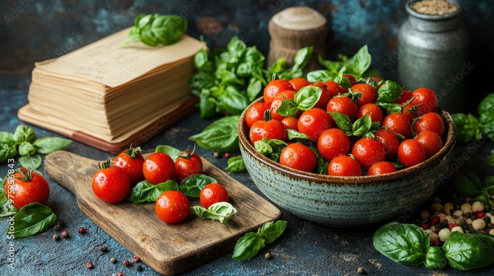Fresh tomatoes and basil on a rustic table with recipe books. Fresh tomatoes and basil on a rustic table with recipe books.