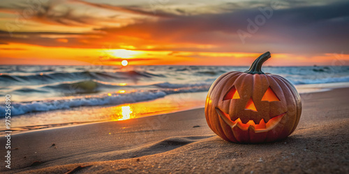 Halloween pumpkin with a creepy expression sitting on a sandy beach at sunset, Halloween, pumpkin, beach, sunset photo