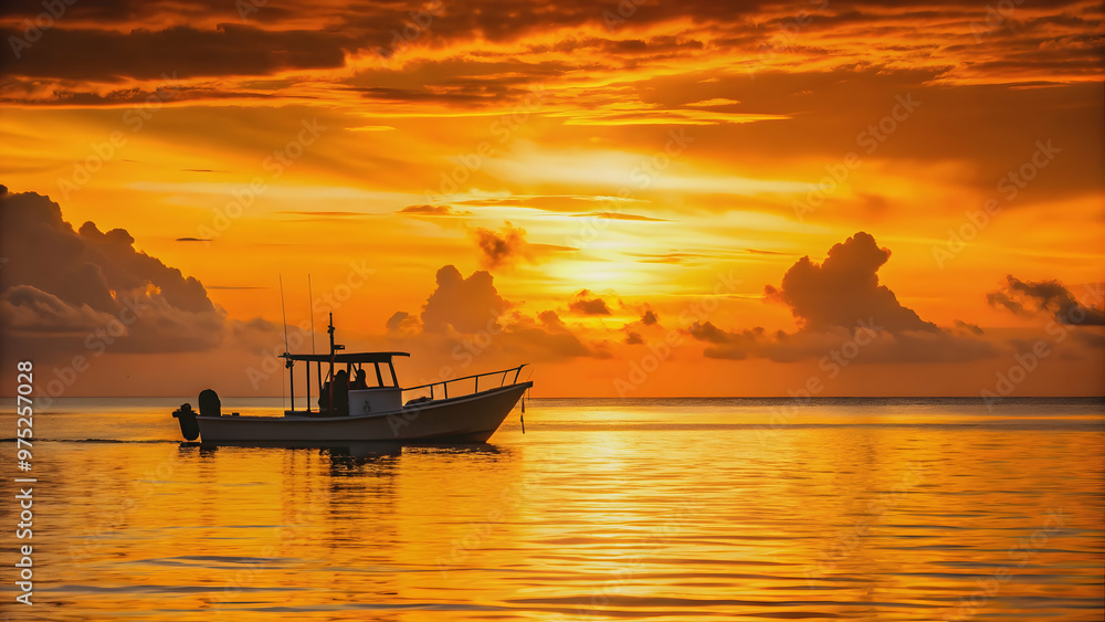 Fishing boat silhouetted against a vibrant orange sky at dusk in Trinidad and Tobago , fishing, boat, dusk Fishing boat silhouetted against a vibrant orange sky at dusk in Trinidad and Tobago , fishing, boat, dusk