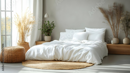 A minimal bedroom with a white bed, a jute rug, a wicker stool, potted plants, and dried pampas grass.