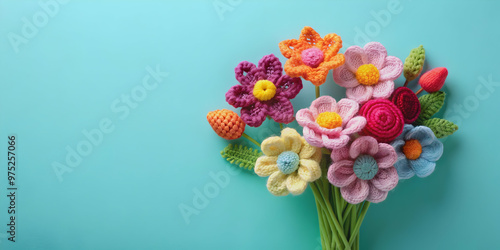 Fototapeta Naklejka Na Ścianę i Meble -  Knitted bouquet of colorful flowers on pastel blue background, knitted, bouquet, flowers, colorful, pastel, blue, background