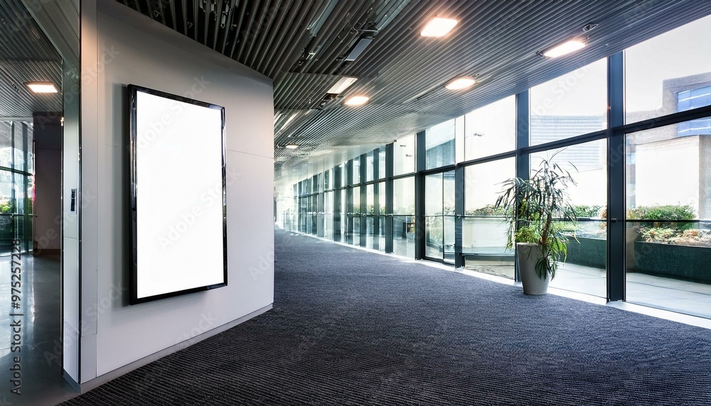 Modern office interior with mockup frame in corridor Modern office interior with mockup frame in corridor