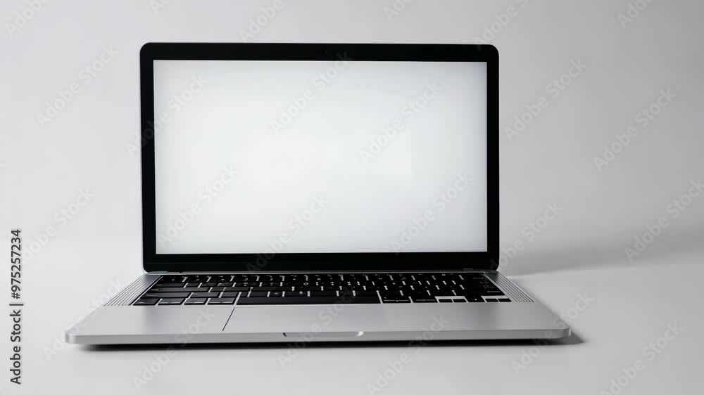 A blank laptop sits on a clean surface during a creative workspace session in a modern office setting A blank laptop sits on a clean surface during a creative workspace session in a modern office setting